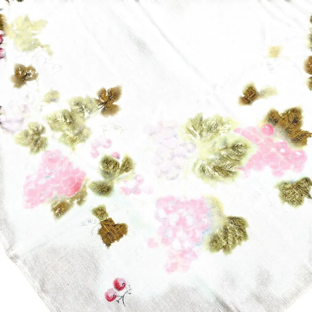 Square tablecloth printed cotton blend pink red grapes greenery vine border FLAW